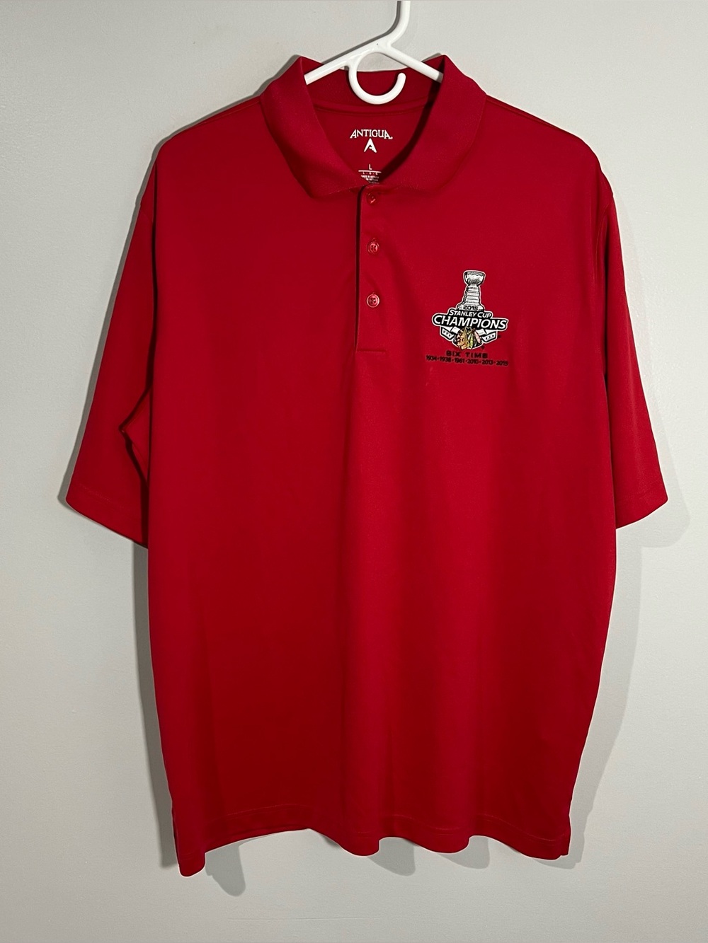 Antigua Chicago Blackhawks 2015 Champions 6x Champs Red Polo Shirt Mens Large